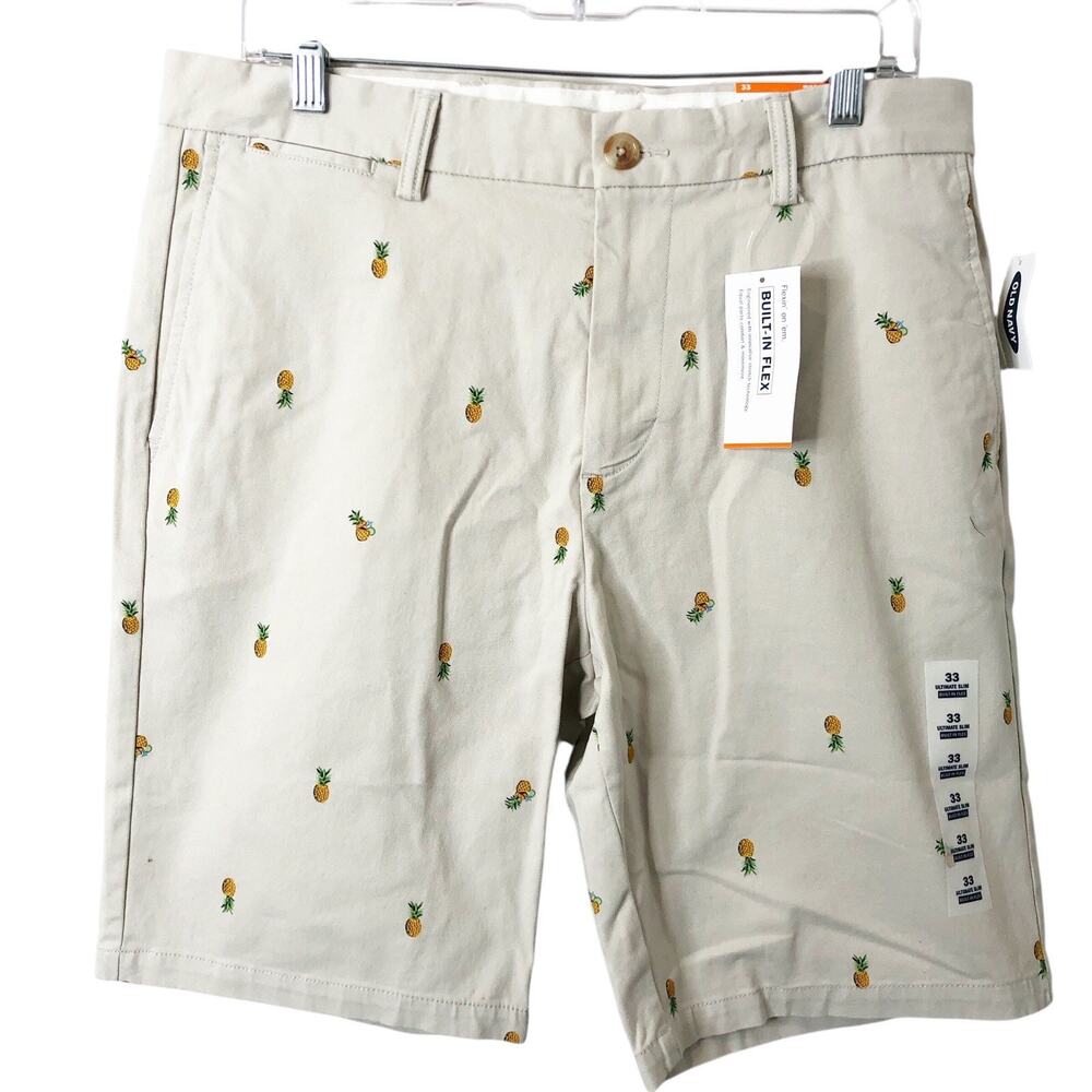 Old Navy NWT Men's Ultimate Slim Built-In Flex Khaki Shorts w/Pineapples Size 33